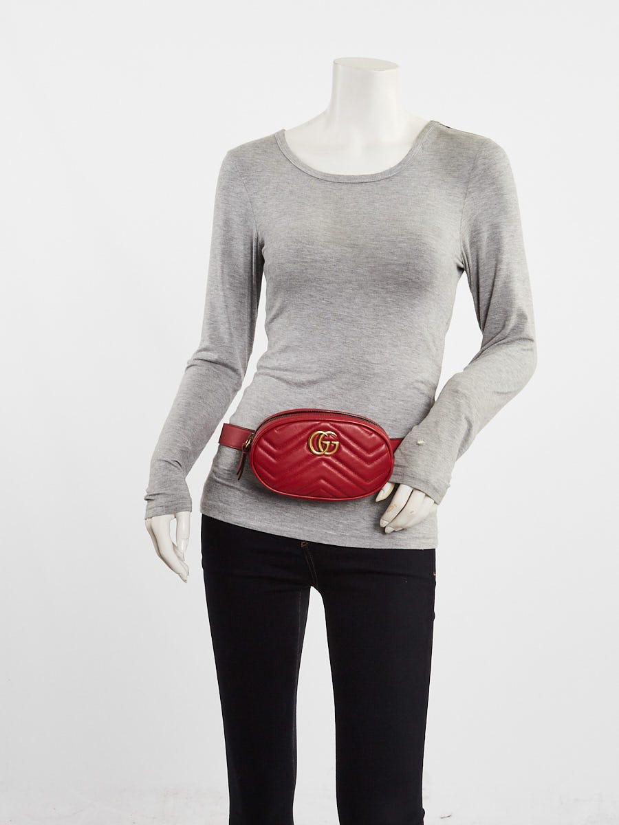 Gucci Red Quilted Leather GG Marmont Waist Belt Bag Size 85/34