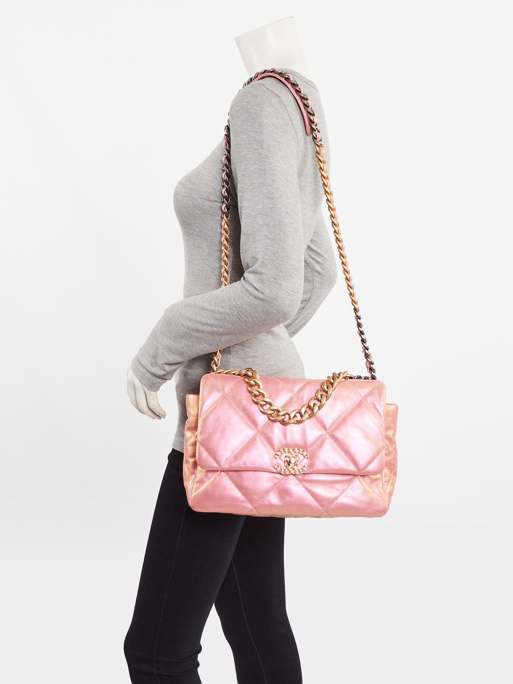 Chanel Pink Iridescent Calfskin Leather Large Chanel 19 Bag