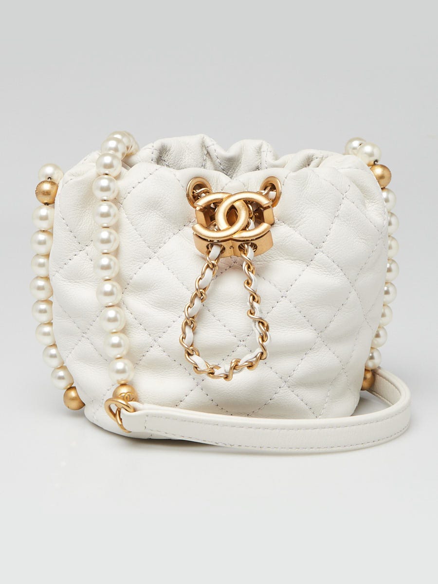 Chanel White Quilted Leather Mini About Pearls Drawstring Bucket