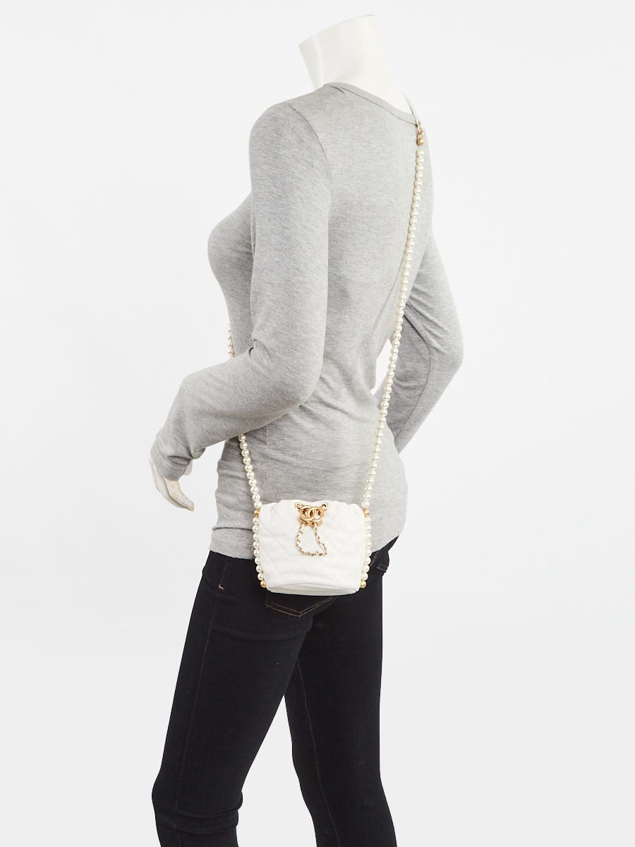 Chanel White Quilted Leather Mini About Pearls Drawstring Bucket Bag