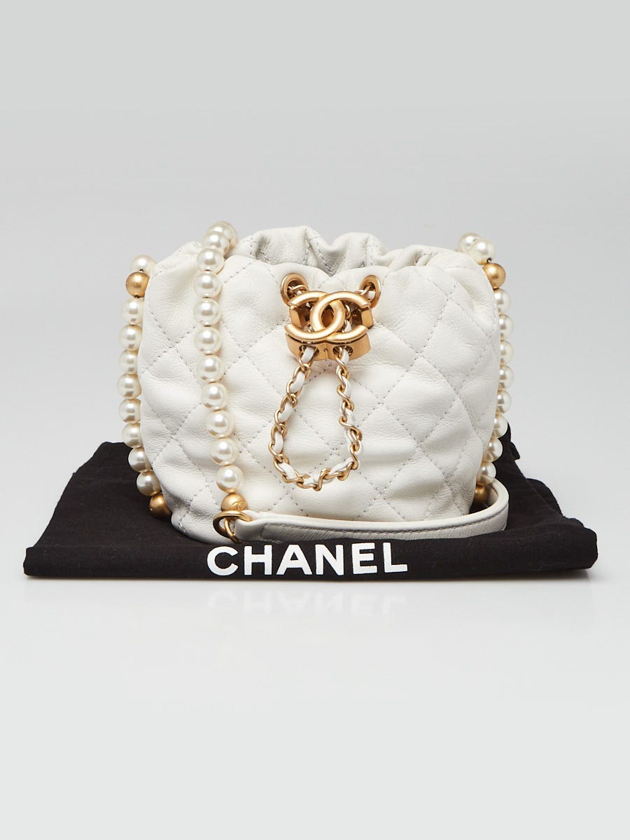 Chanel White Quilted Leather Mini About Pearls Drawstring Bucket