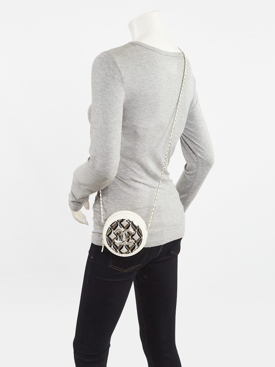 Chanel White Leather and Silver Metal Quilted Round Clutch with Chain Bag