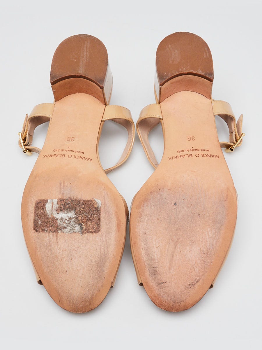 Manolo Blahnik Beige Patent Leather Affian 30 Sandals Size 5.5/36
