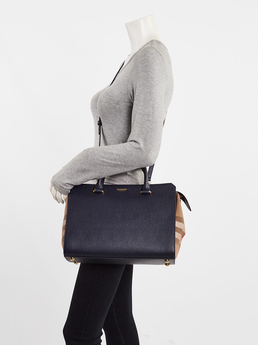 Burberry Dark Canvas Blue Leather Vintage Check Small Banwell Bag