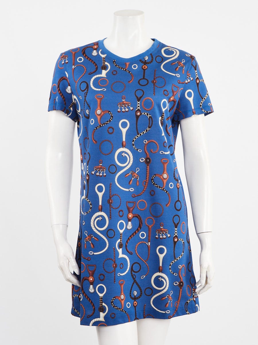 Hermes Blue Bridle Print Cotton T-Shirt Dress Size 6/40 | Yoogi's Closet