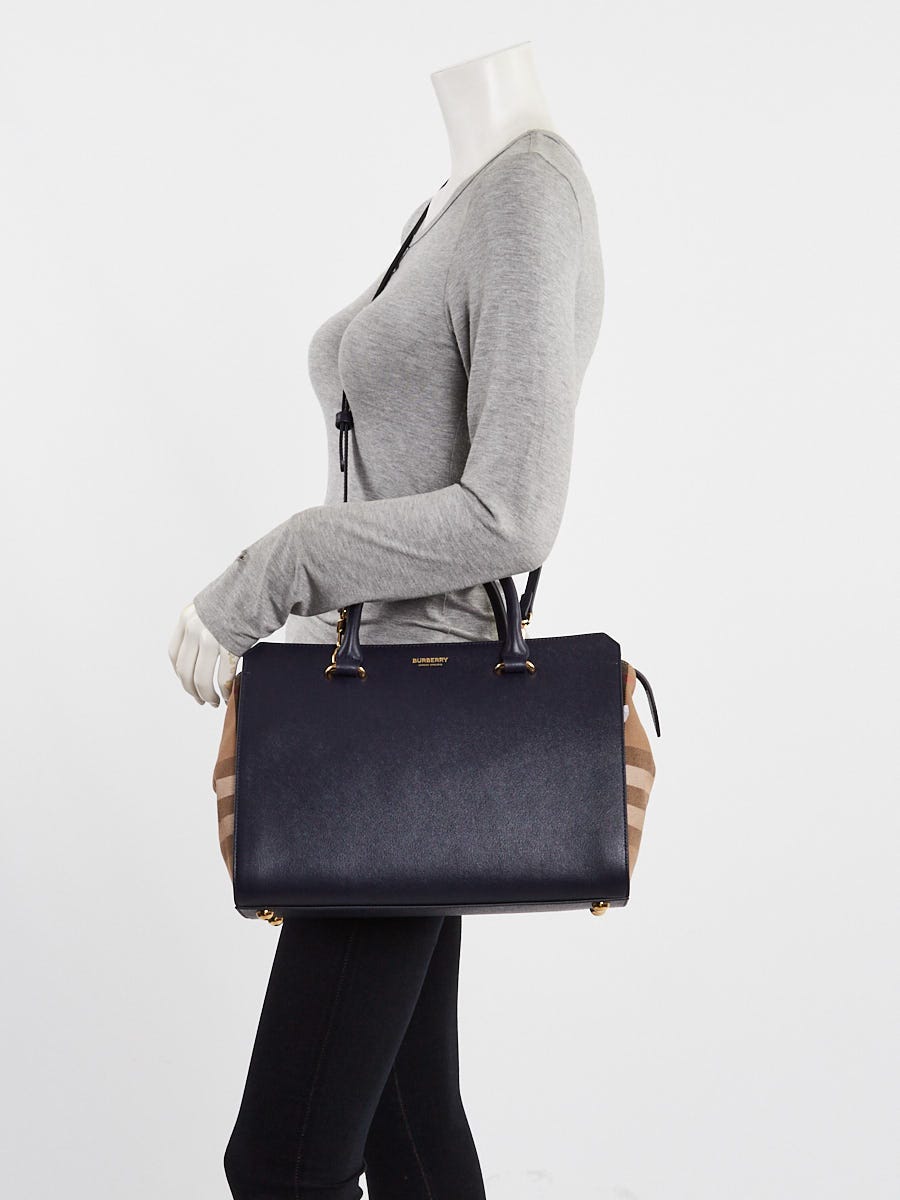Burberry Dark Canvas Blue Leather Vintage Check Small Banwell Bag