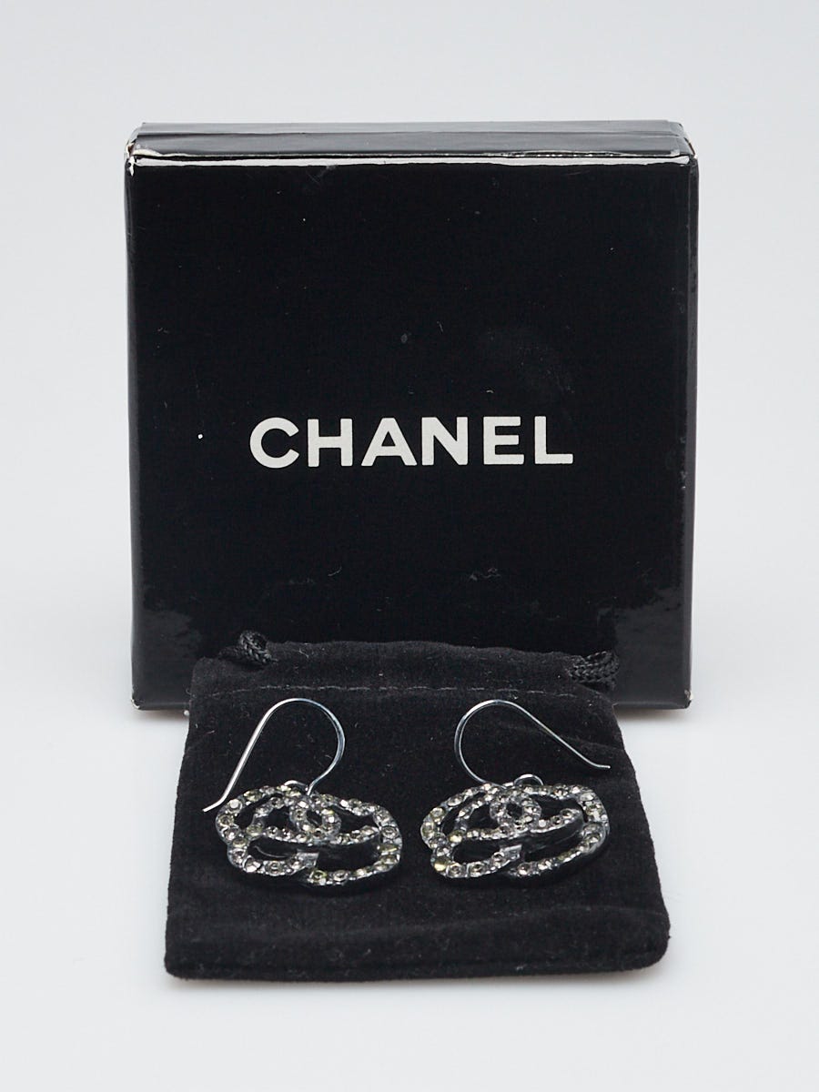 Chanel Ruthenium Metal Crystal Camellia CC Drop Earrings