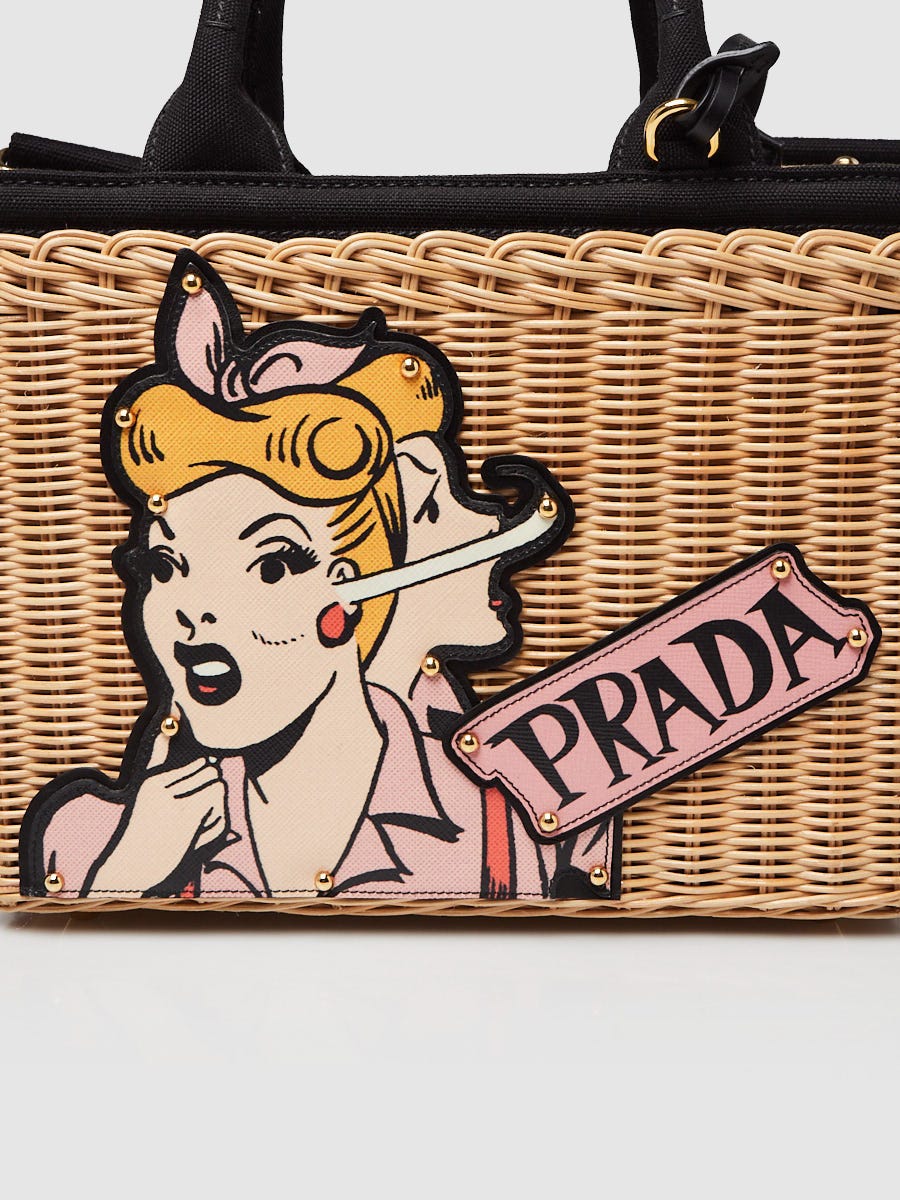 Prada Beige/Black Raffia/Canvas Patch Comics Basket Tote Bag