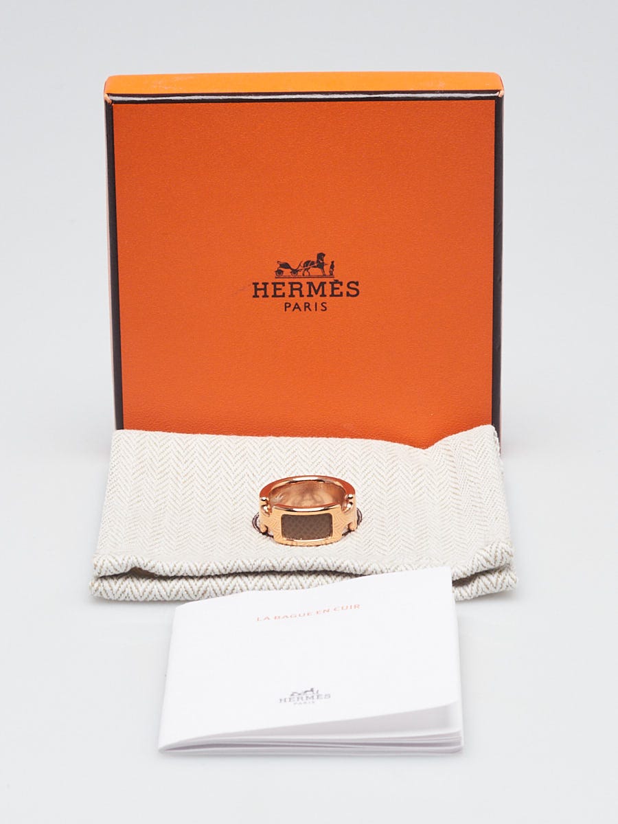 Hermes Etoupe Leather Rose Gold Plated Olympe Ring Size S