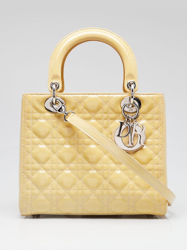 Christian Dior Beige Cannage Quilted Patent Leather Medium Lady Dior Bag