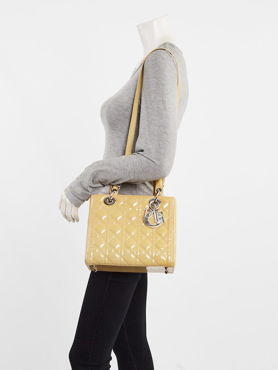 Christian Dior Beige Cannage Quilted Patent Leather Medium Lady Dior Bag