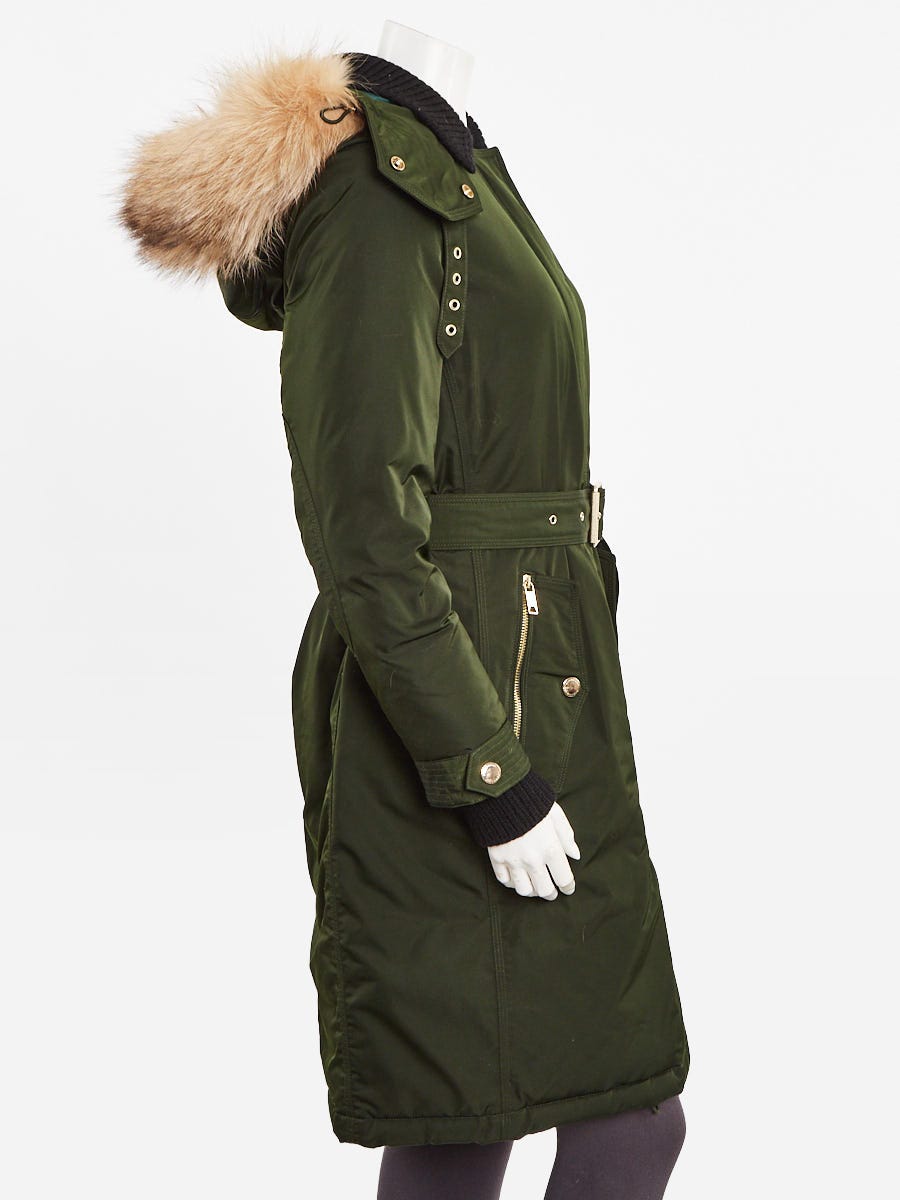 Burberry Dark Green Polyester Down Filled Fox Fur Trim Parka