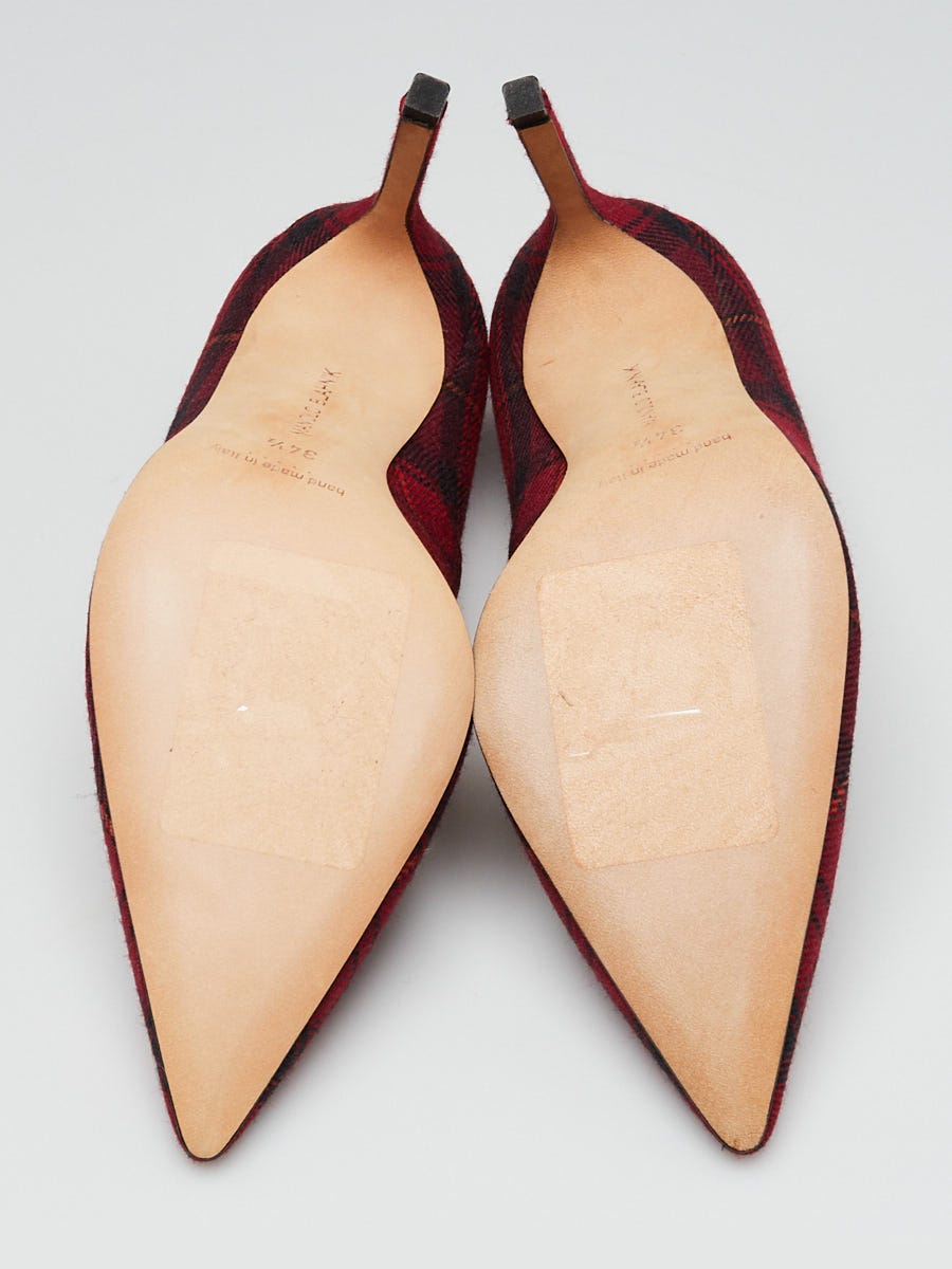 Manolo Blahnik Red Plaid Fabric BB 105 Pumps Size 4/34.5
