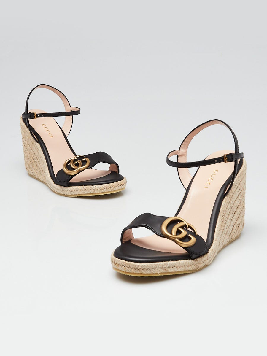 Gucci Black Leather GG Raffia Wedges Size 3.5/34