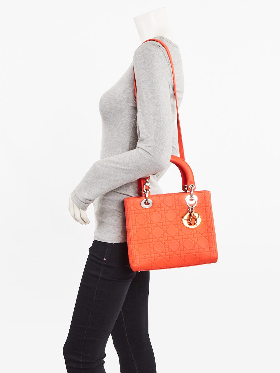 Christian Dior Orange Matte Cannage Quilted Calfskin Leather Medium Lady Dior Bag