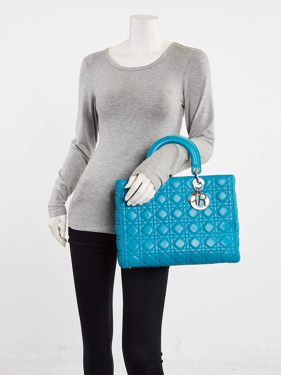 Christian Dior Blue Cannage Quilted Lambskin Leather Large Lady Dior Bag w/o Strap