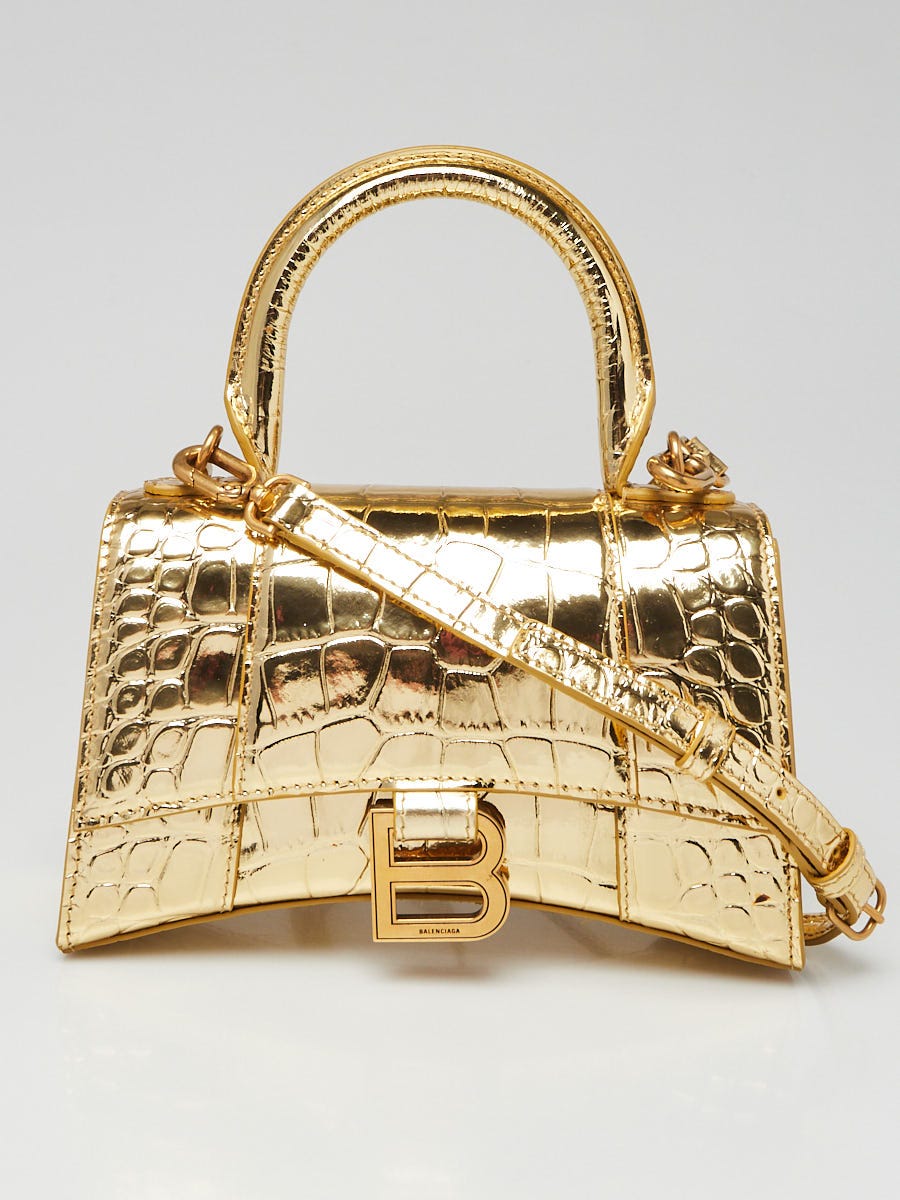Balenciaga Gold Metallic Croc Embossed Patent Leather Hourglass XS