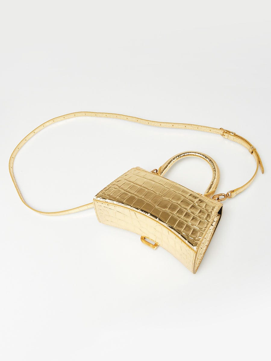 Balenciaga Gold Metallic Croc Embossed Patent Leather Hourglass XS