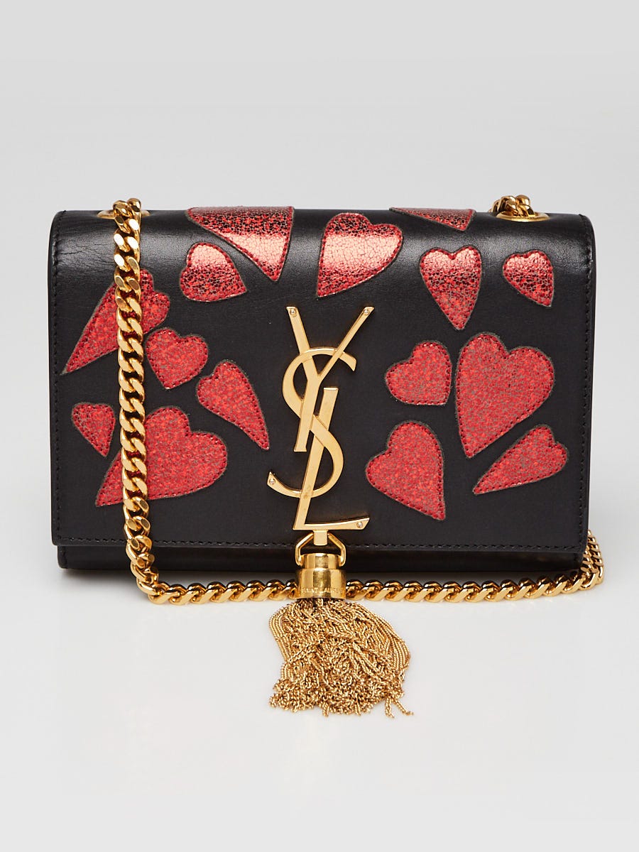 Yves Saint Laurent Black Leather Small Kate Tassel Glitter Heart Bag
