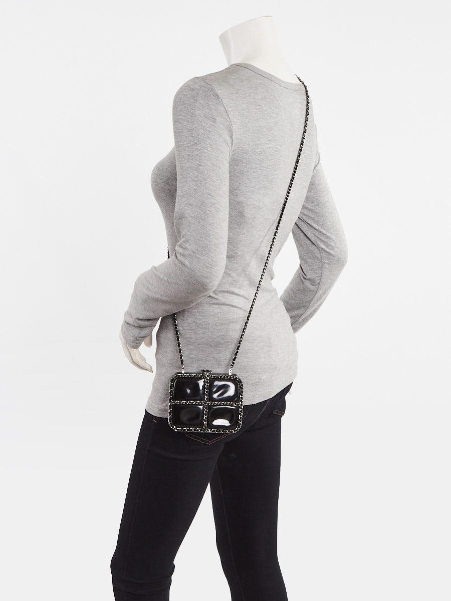 Chanel Black Patent Leather Chain Minaudiere Box Clutch Bag