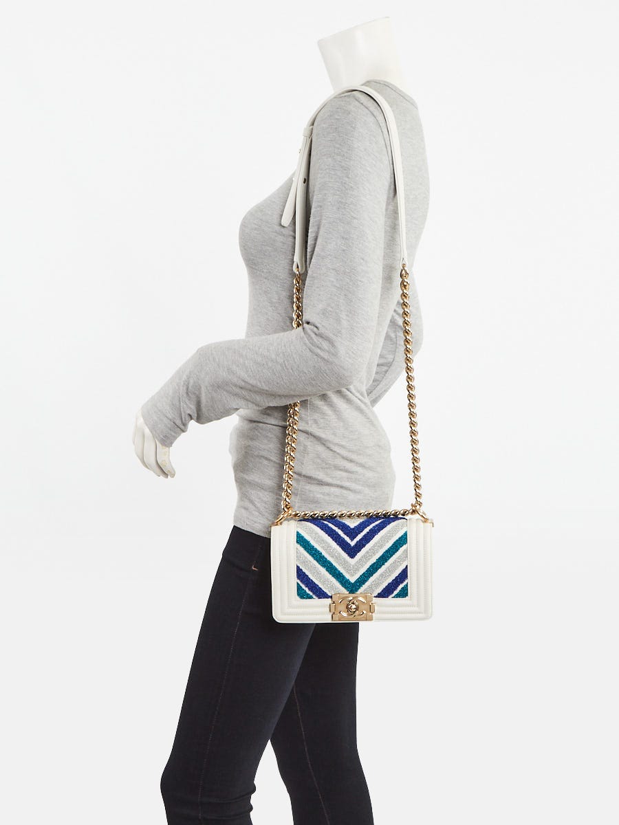 Chanel White Leather and Multicolor Lurex Chevron Small Boy Bag