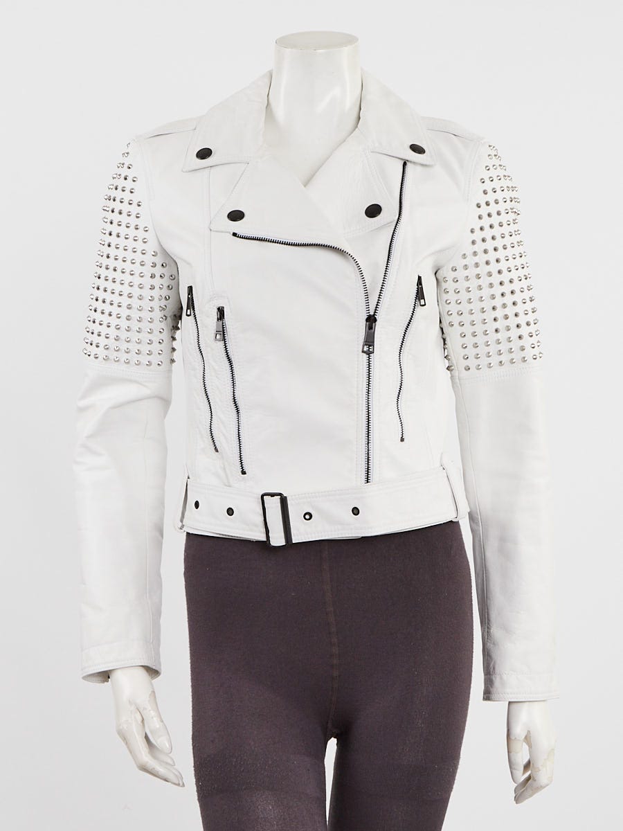 Burberry White Leather Studded Motorcycle Jacket Size 6/40