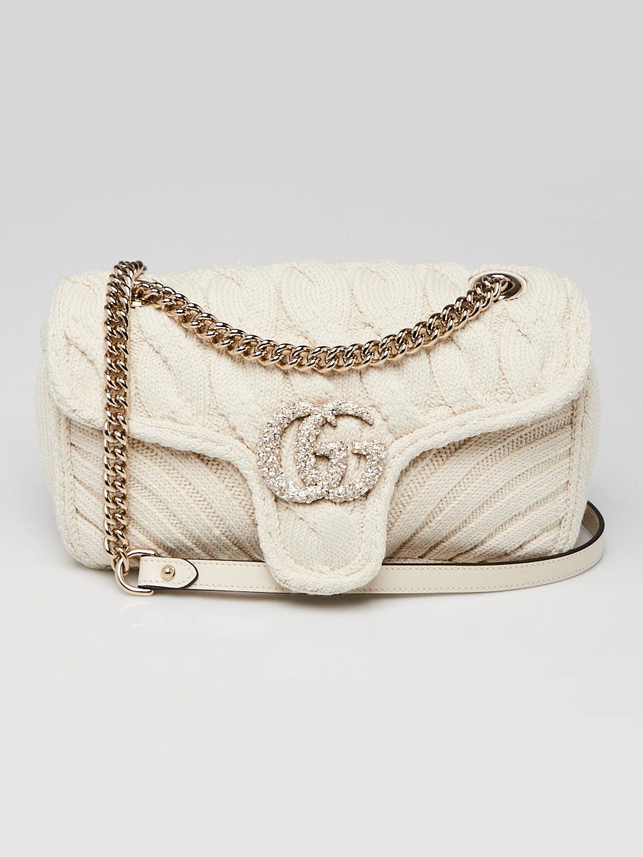 Gucci White Knitted Wool Crystal Marmont Small Flap Bag | Yoogi's