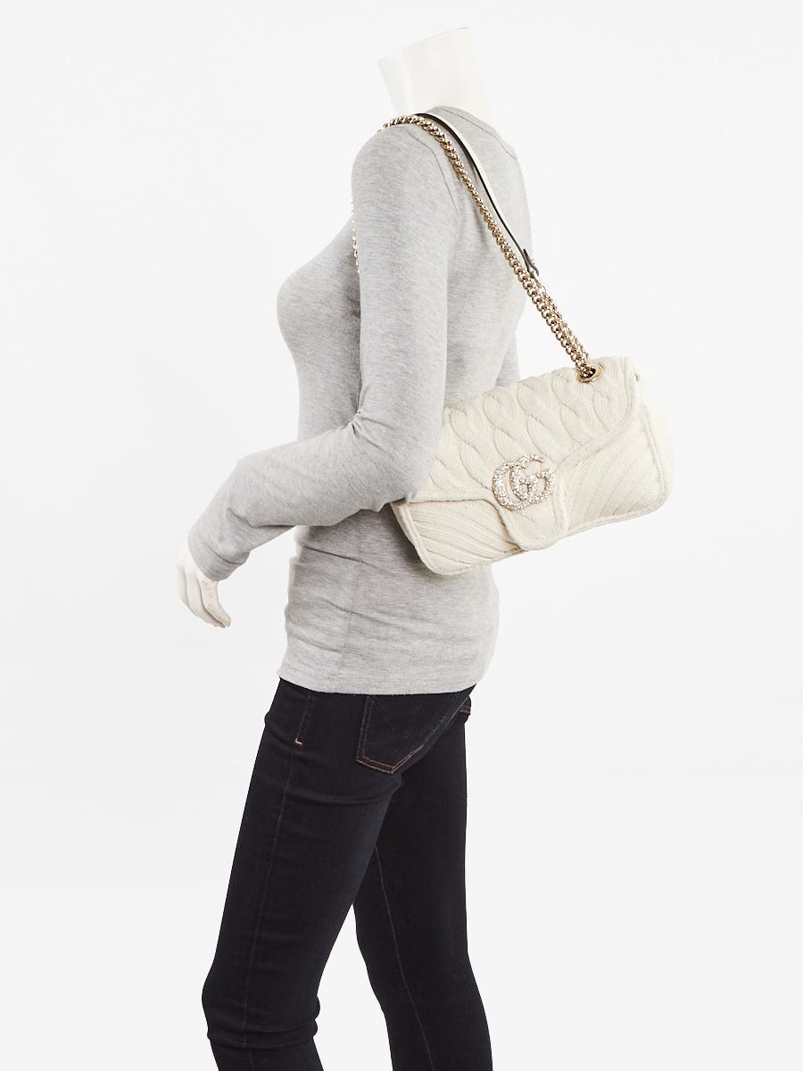 Gucci White Knitted Wool Crystal Marmont Small Flap Bag | Yoogi's