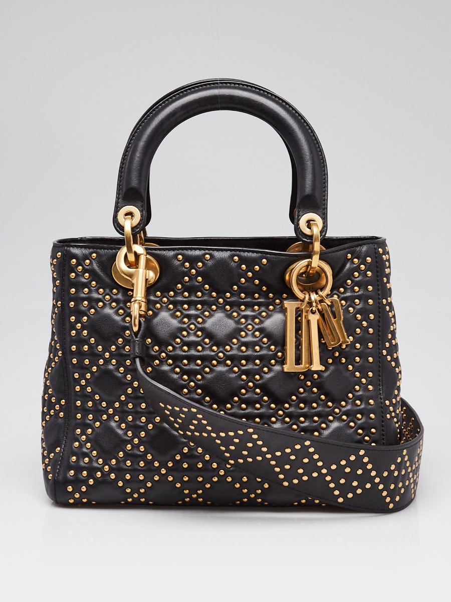 Christian Dior Black Suppled Leather Studded Medium Lady Dior Bag