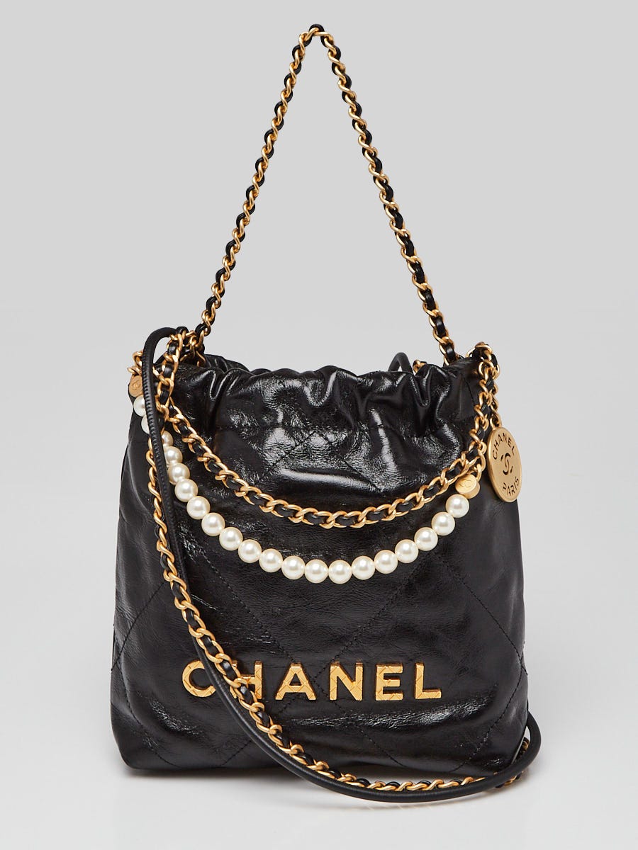 Chanel Black Quilted Shiny Calfskin Leather Pearl Strap Chanel 22