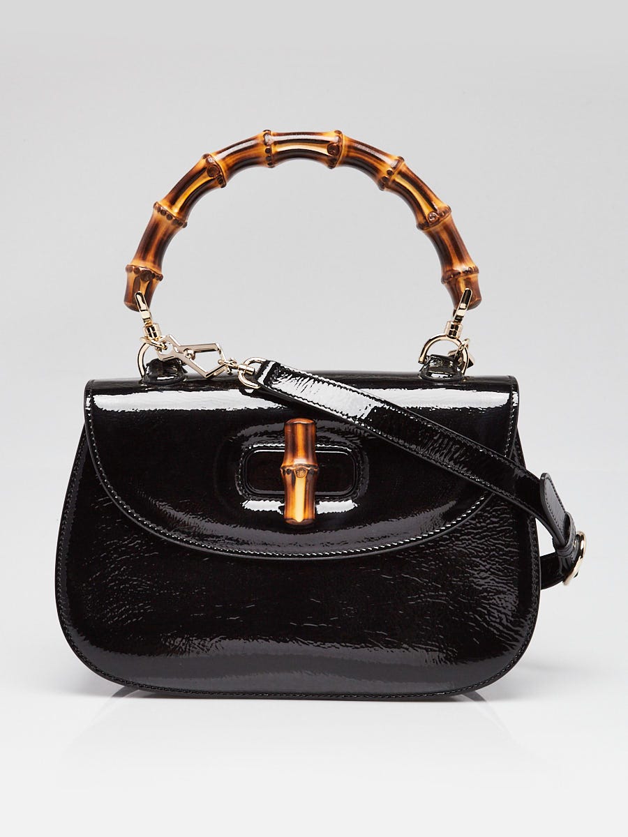 Gucci Black Crinkled Patent Leather 1947 Bamboo Medium Top Handle