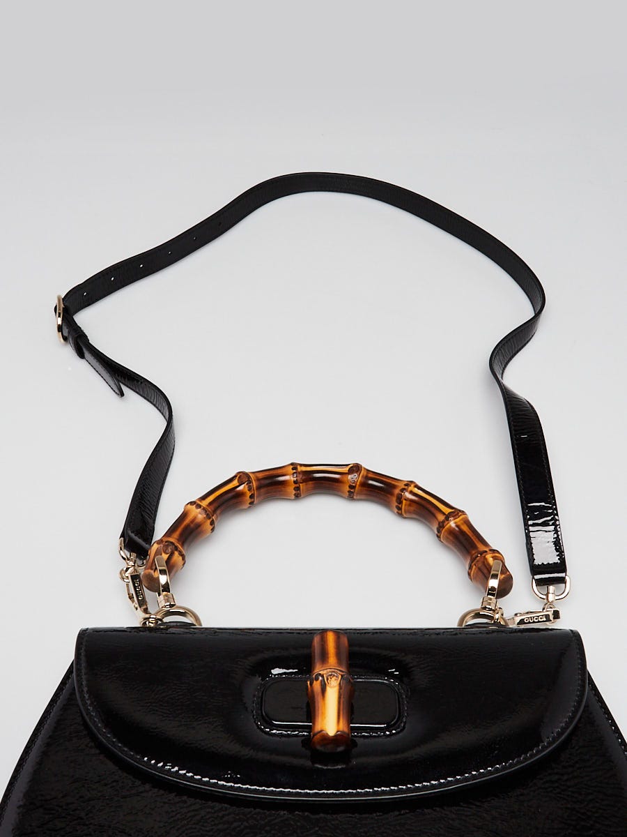 Gucci Black Crinkled Patent Leather 1947 Bamboo Medium Top Handle