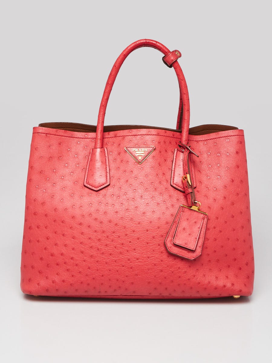 Prada Red Ostrich Leather Double Handle Tote Bag 1BG756 | Yoogi's