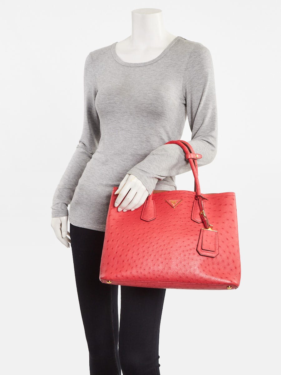 Prada Red Ostrich Leather Double Handle Tote Bag 1BG756