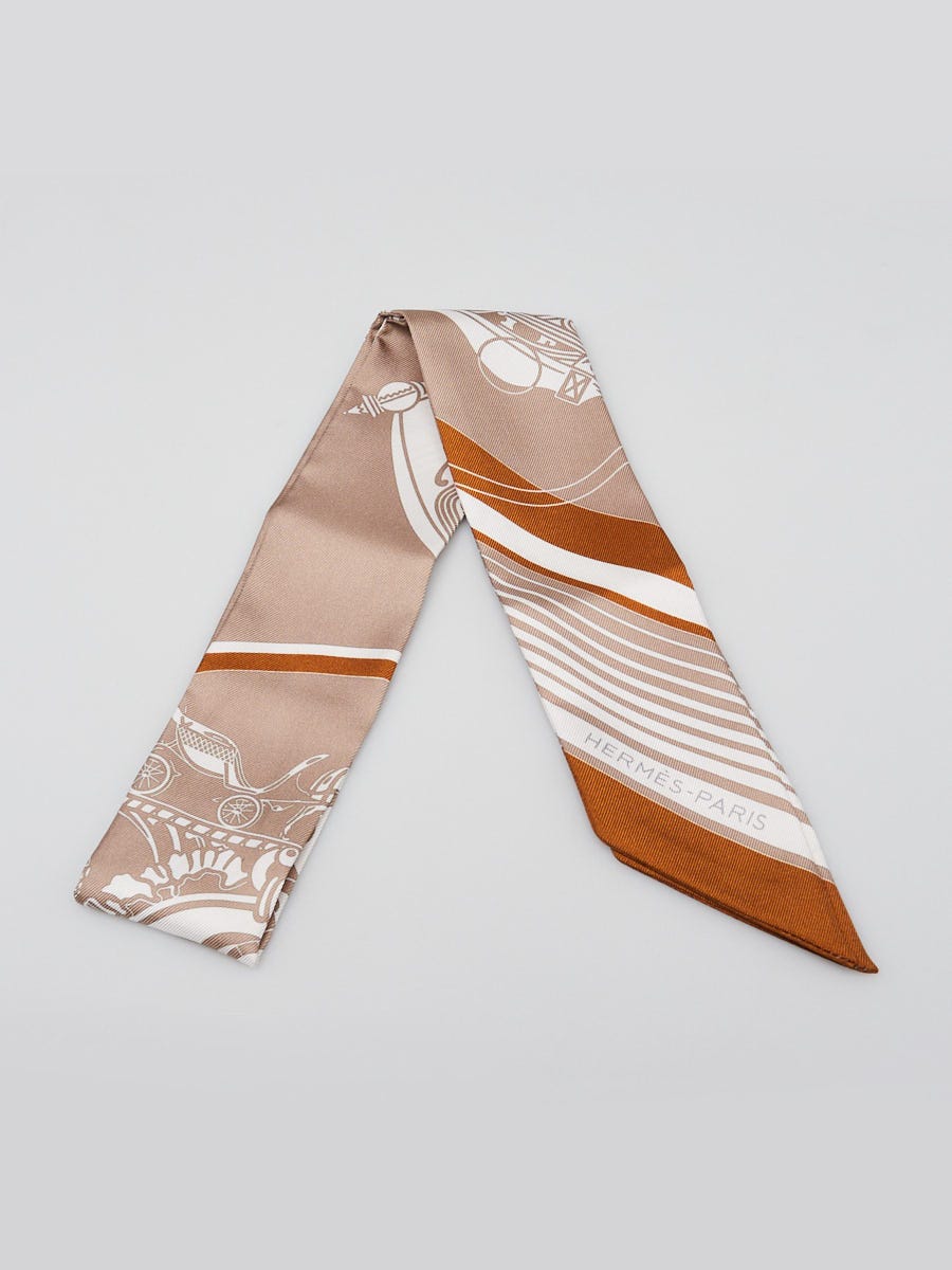 Hermes Beige/Blanc/Caramel Silk Ex Libris Twilly Scarf | Yoogi's