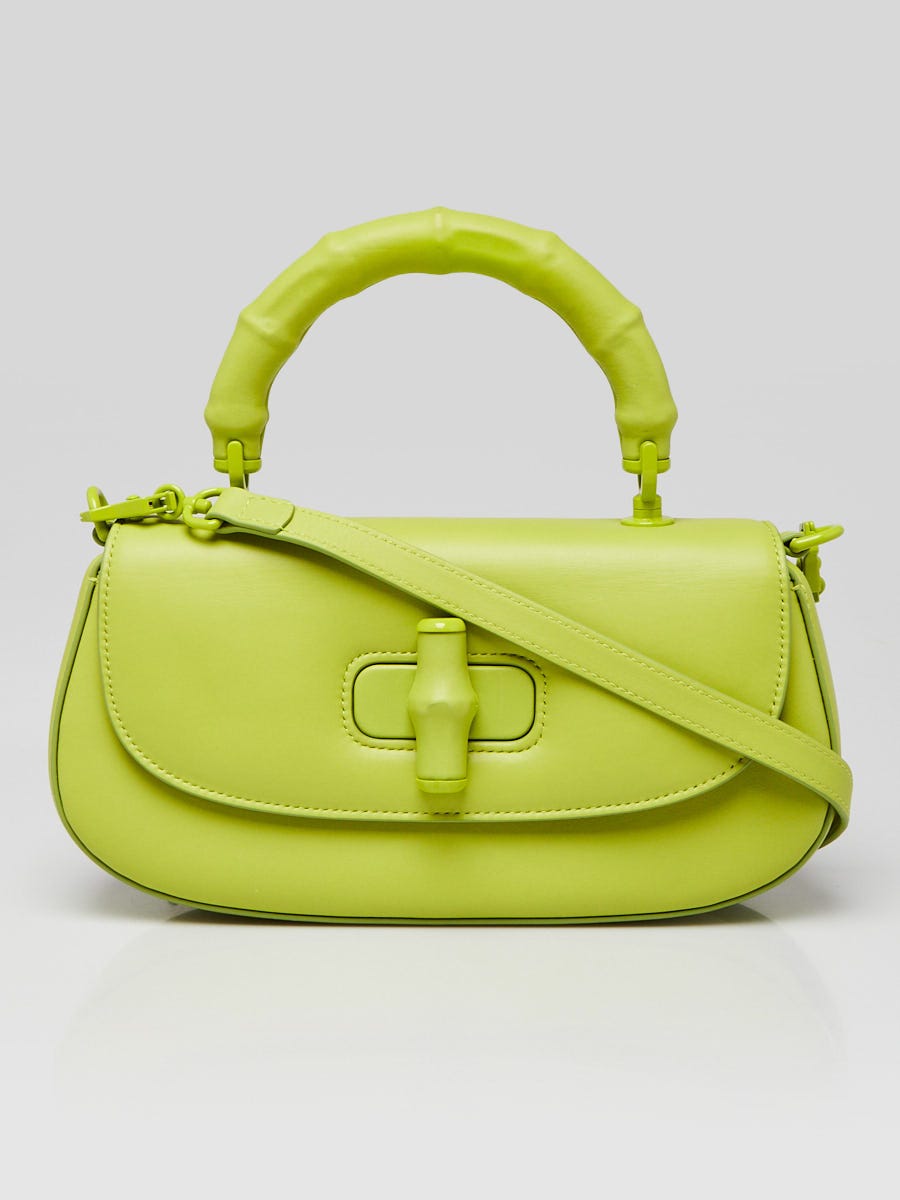 くぅ〜チャン Gucci Lime Green Leather Medium 1947 Diva Bamboo Top Handle Bag
