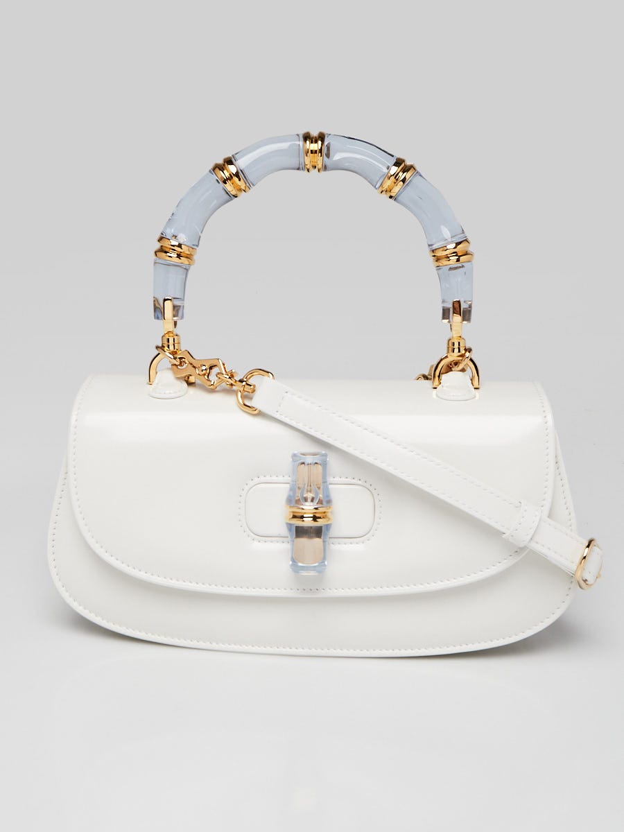 Gucci White Patent Leather Medium 1947 Diva Bamboo Top Handle Bag