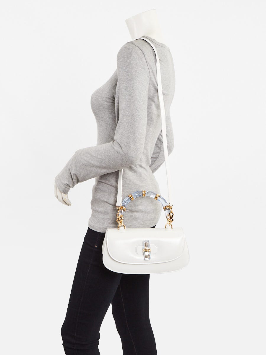 Gucci White Patent Leather Medium 1947 Diva Bamboo Top Handle Bag