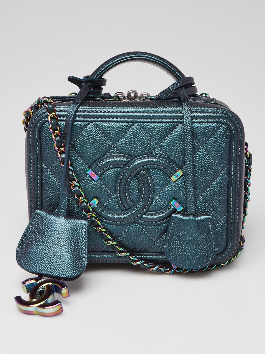 Chanel Dark Turquoise Quilted Caviar Leather Filigree Small Vanity