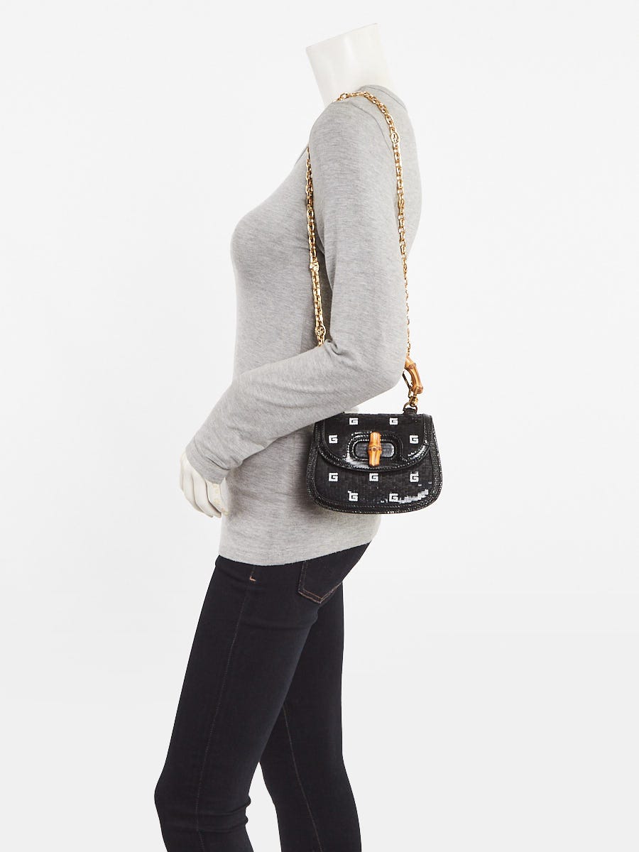 Gucci Black Lizard/Sequin GG Mini 1947 Bamboo Top Handle Bag