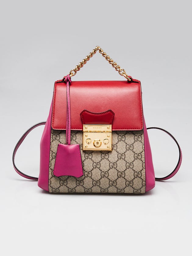 gucci padlock mini backpack Multicolor Calfskin Beige GG Supreme Canvas adjustable shoulder strap Flap with push Gucci Padlock GG Backpack