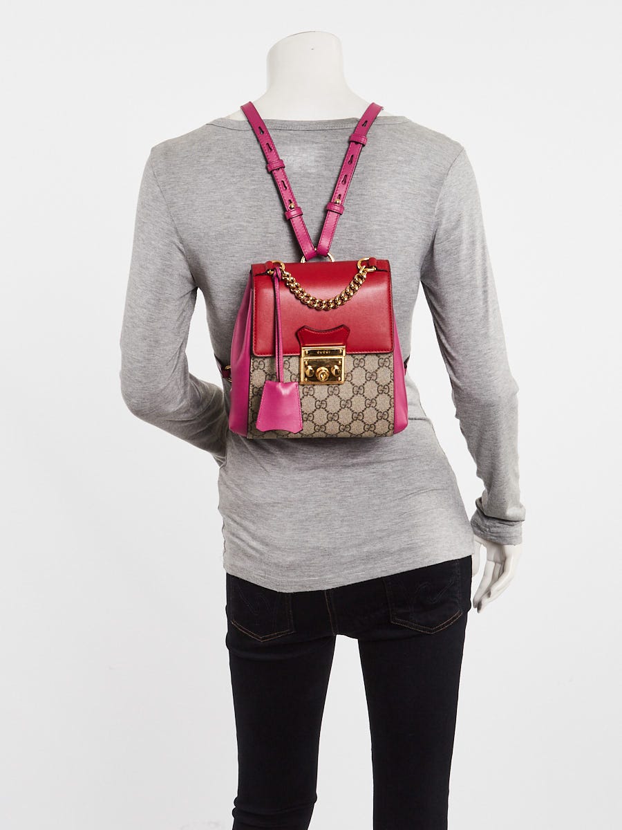 Gucci Red/Pink GG Supreme Coated Canvas and Leather Signature Padlock Small Backpack Bag