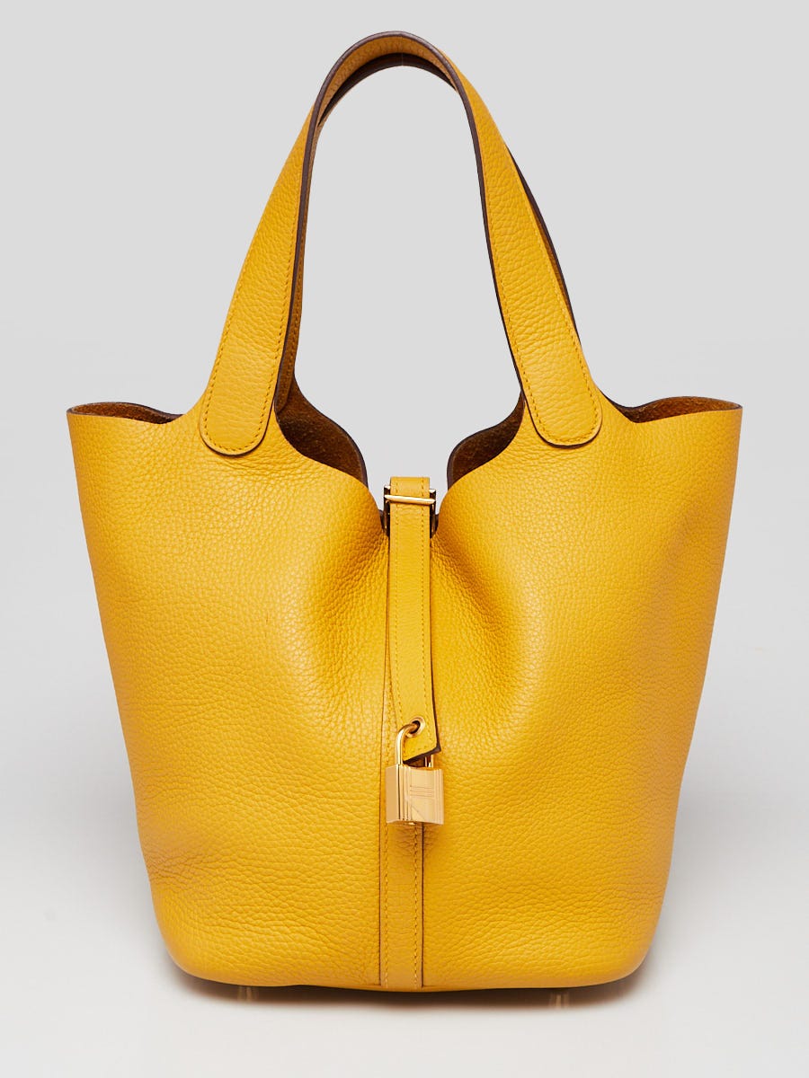 Hermes 22cmm Jaune Ambre Clemence Leather Gold Plated Picotin MM