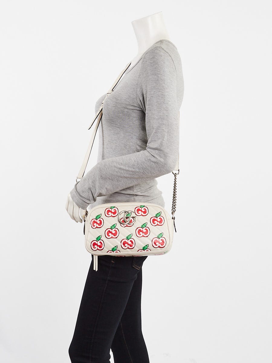 Gucci White Quilted Leather Apple Print Marmont Small Camera Bag