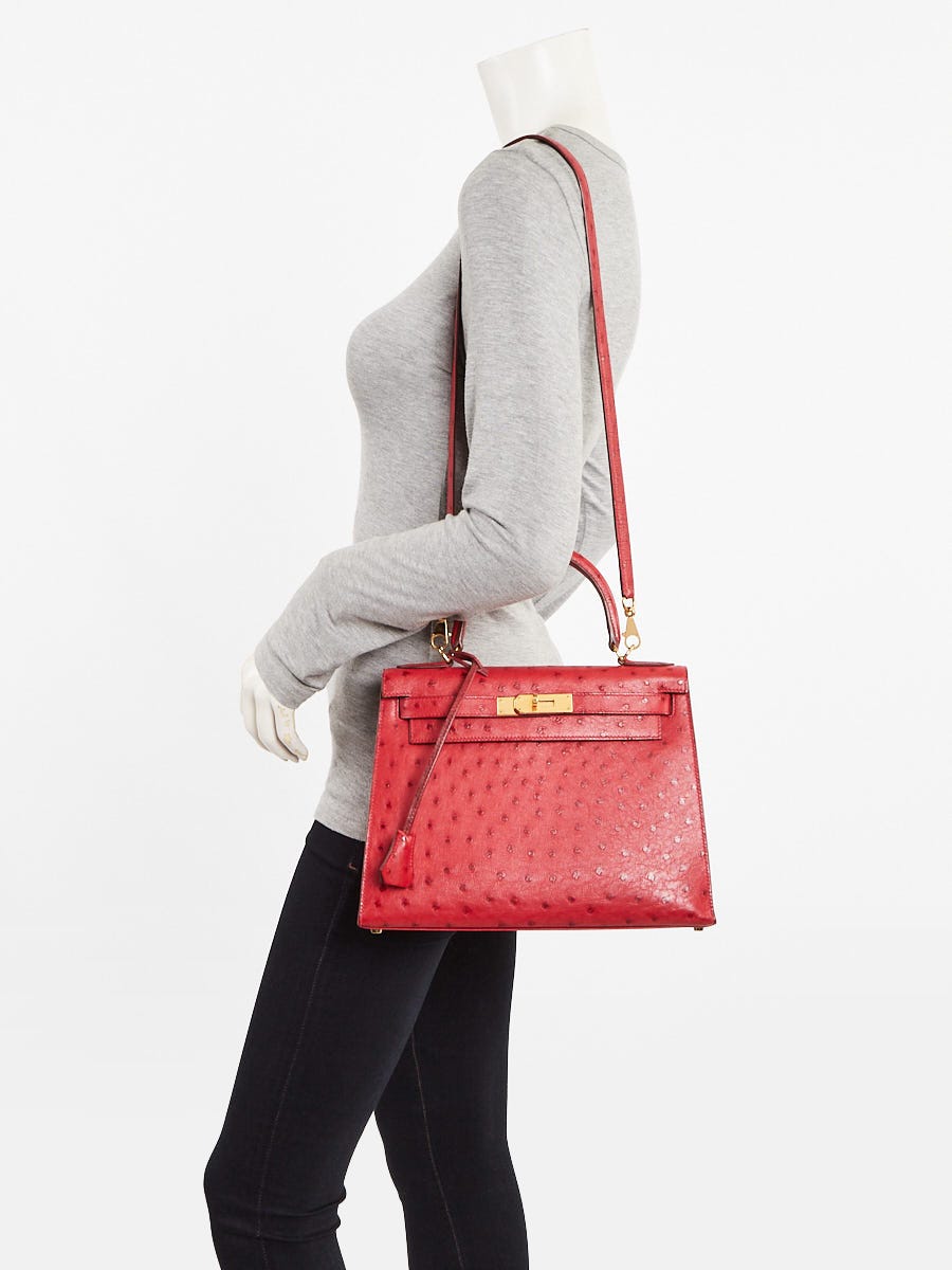 Hermes 28cm Rouge Vif Ostrich Gold Plated Kelly Sellier Bag