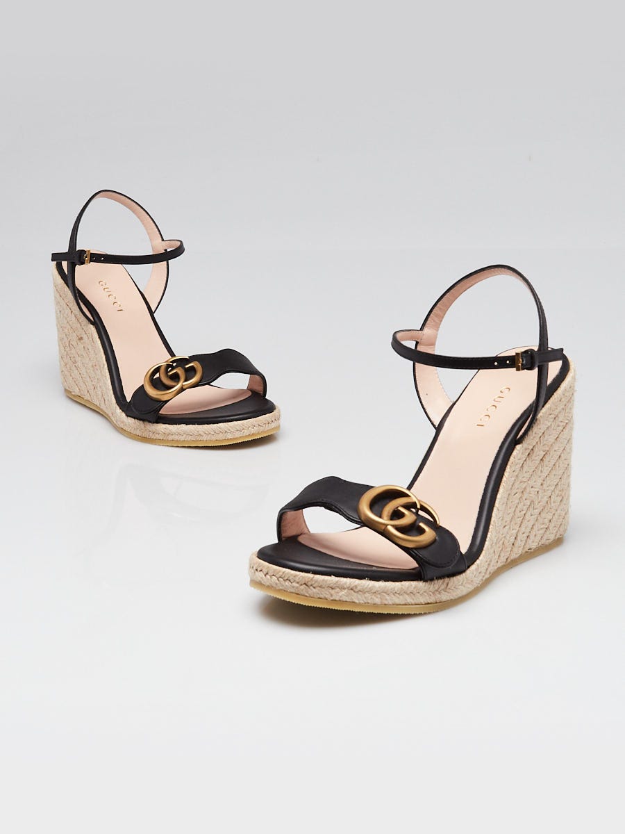 Gucci Black Leather GG Raffia Wedges Size 4/34.5