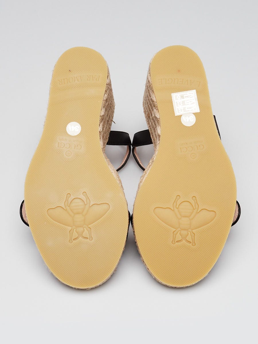 Gucci Black Leather GG Raffia Wedges Size 4/34.5