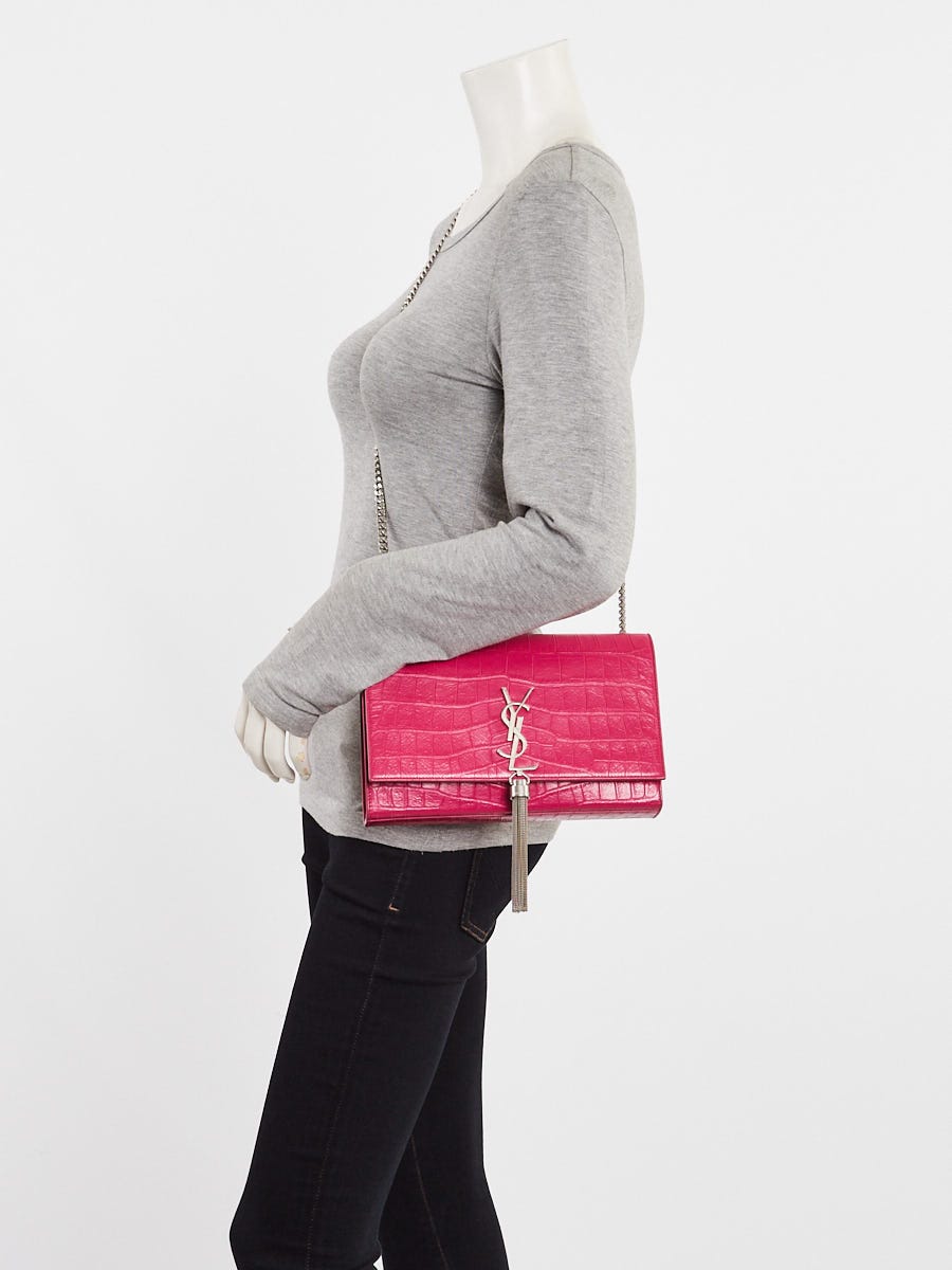 Yves Saint Laurent Pink Croc Embossed Leather Monogram Medium Kate Tassel Bag