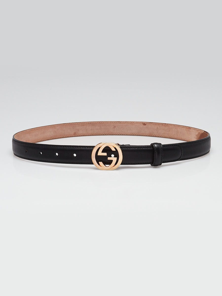 Gucci Black Leather Interlocking G Slim Buckle Belt Size 80/32