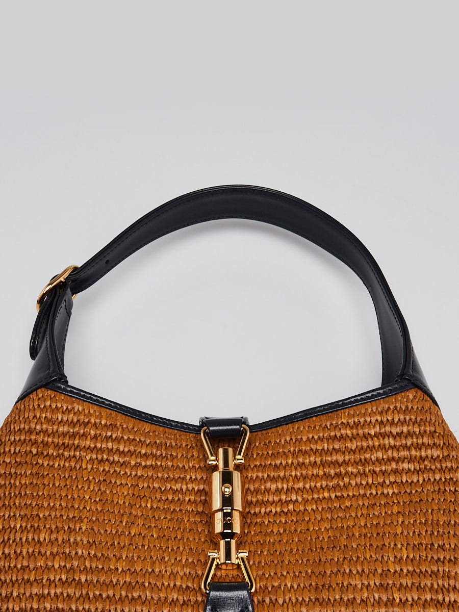 Gucci Brown/Blue Raffia/Leather Jackie 1961 Small Shoulder Bag